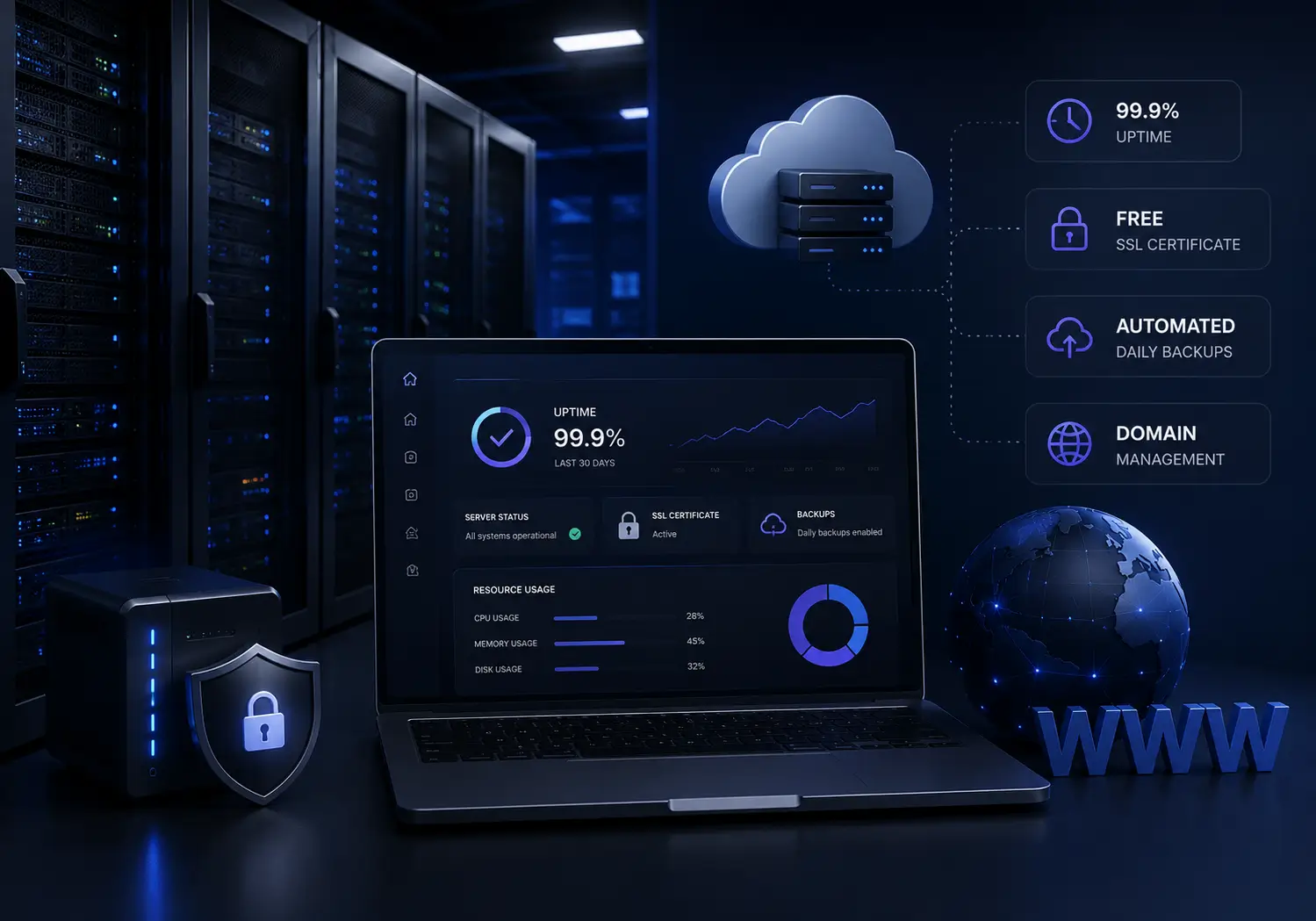 Hosting & Domains — Secure server room infrastructure for 99.9% uptime